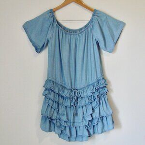 Miss Sixty Mini Dress Y2K Blue Chambray Boho Peasant Ruffled Cowgirl XS Small